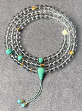 原创设计天然白水晶项链佛珠手串高瓷绿松石108颗念珠项链男女款