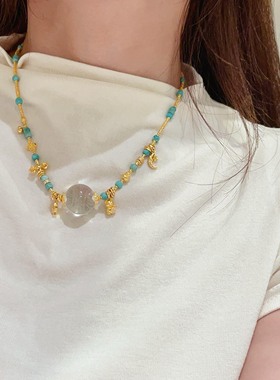 高瓷绿松石项链白水晶牛鼻孔单株大颗粒颈链古法金原创锁骨链女款