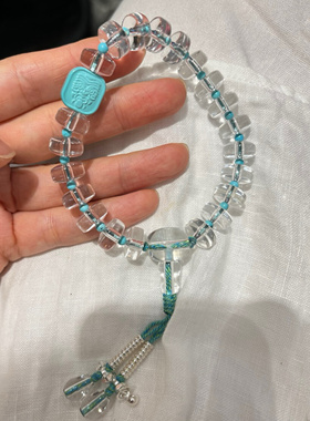 白水晶纯银手持念珠10mm药片珠10A级净水手持高瓷绿松石扎吉拉姆