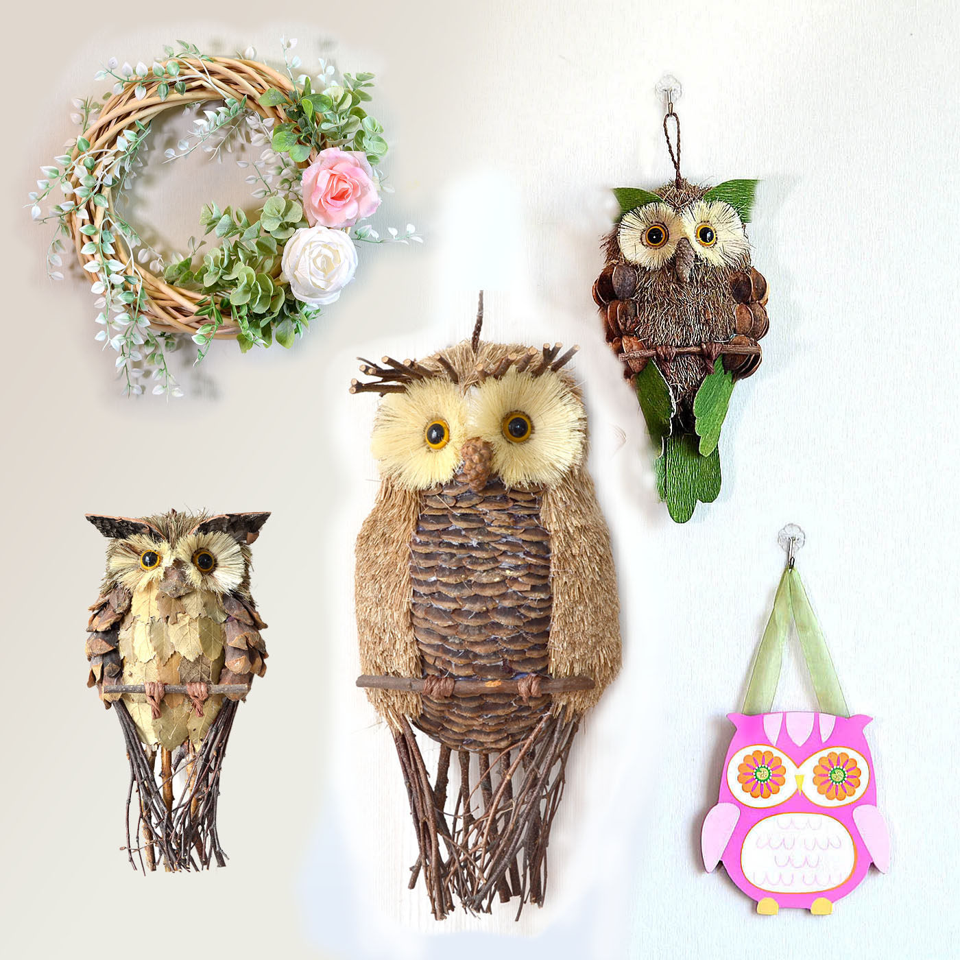 创意草编猫头鹰壁挂幼儿园环创背景墙面装饰品挂件挂饰植物角森系