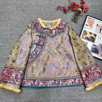 云禾锦2025冬季新款国风复古斜襟盘扣女新中式水貂毛拼接提花上衣