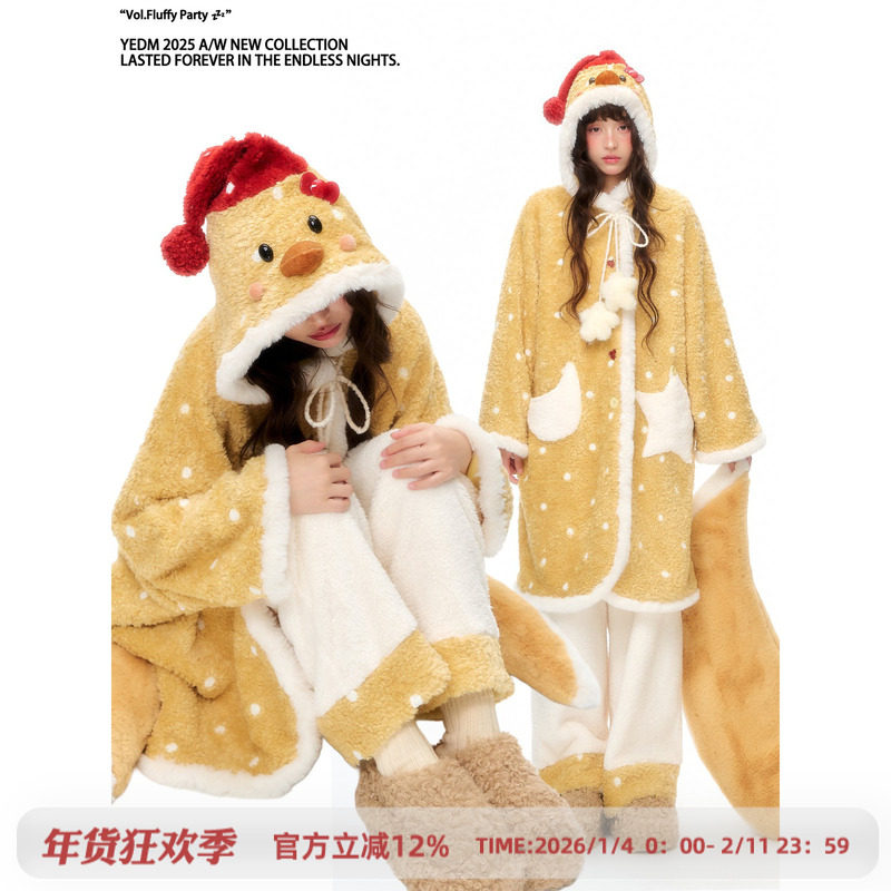 杨二大梦原创波点小黄鸡开衫睡裙女2025冬季加绒加厚少女睡袍斗篷,女士内衣/男士内衣/家居服,睡袍/浴袍,淘宝优惠券,粉丝福利购,淘宝优惠卷