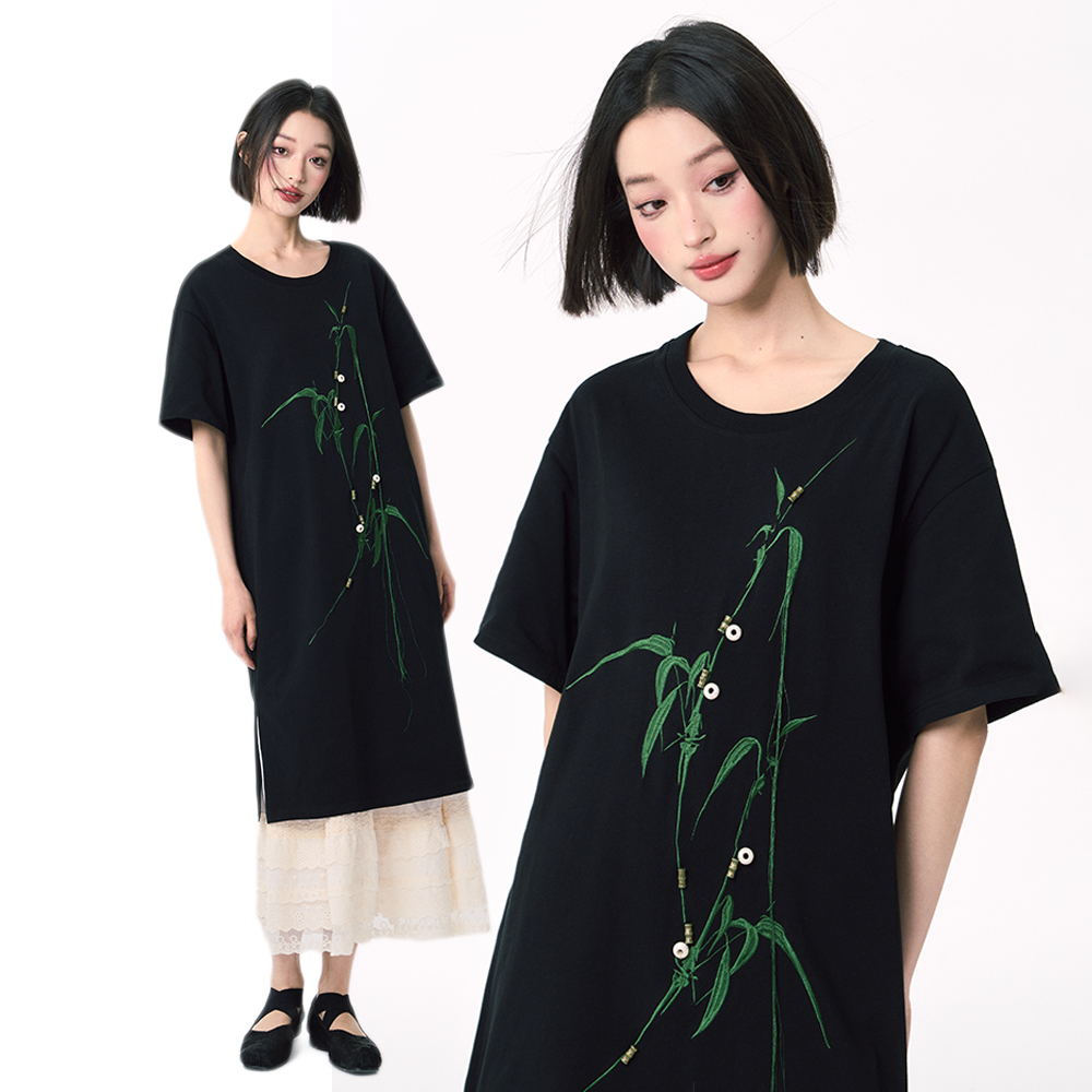 竹叶刺T恤裙子新中式短袖