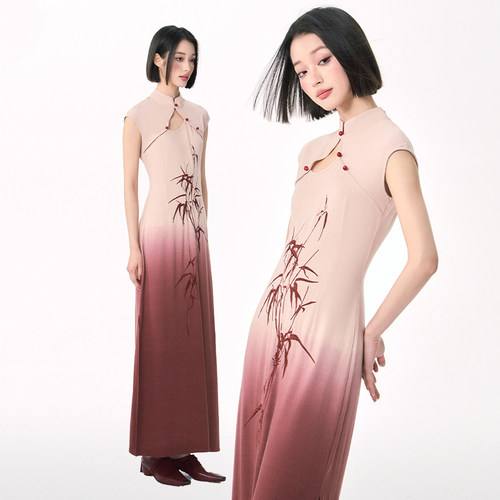 杨二大梦原创新中式改良旗袍竹叶刺绣渐变连衣裙女夏国风复古长裙