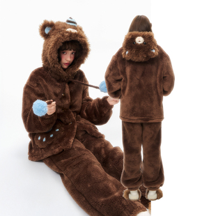 杨二大梦原创棕色小熊家居服套装 睡衣女超好看加厚可爱睡袍 冬季