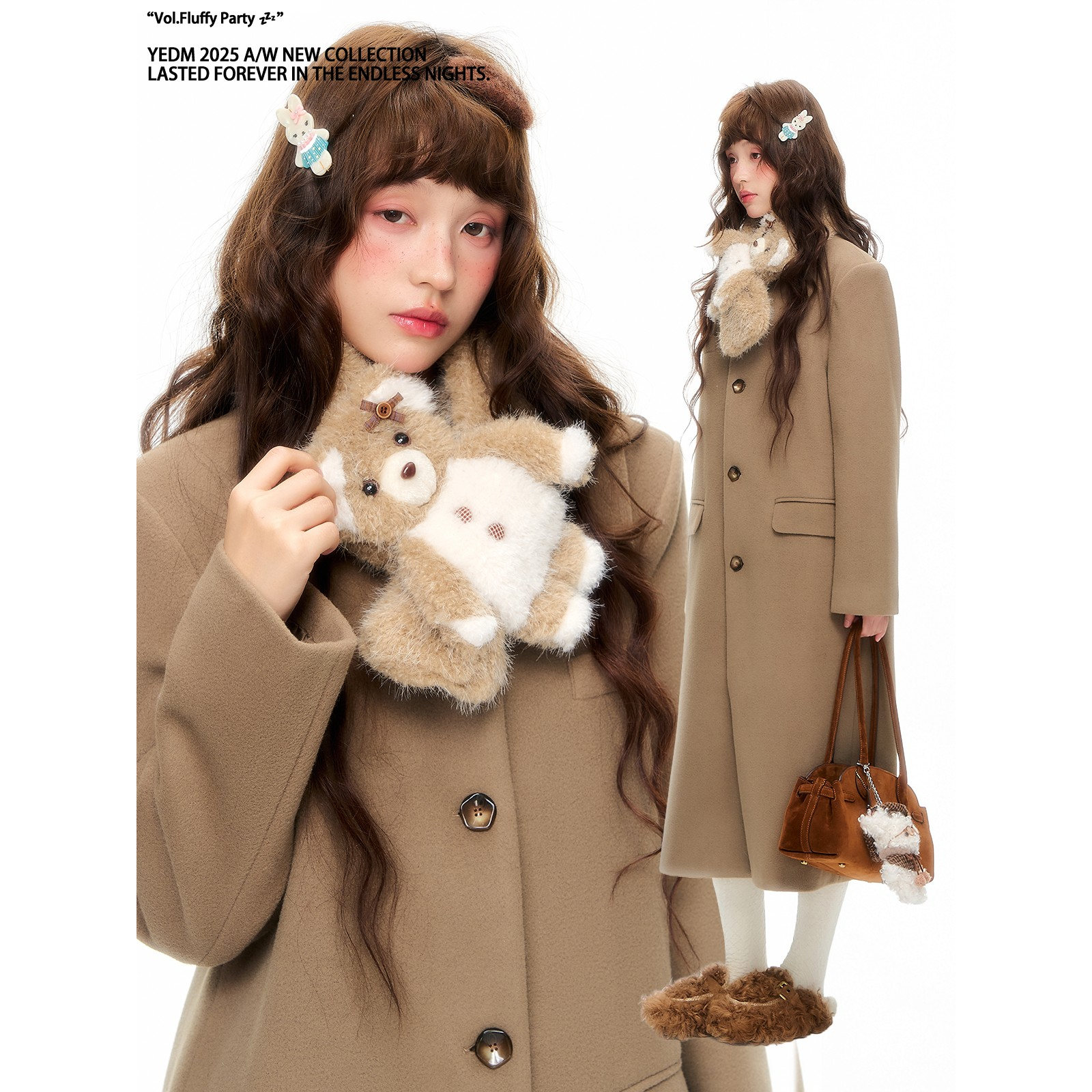 杨二大梦原创设计卡其色小熊围巾毛绒女氛围感百搭保暖针织围脖