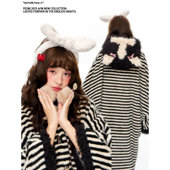 杨二大梦原创条纹奶牛猫黑白条纹猫猫头长款 家居服睡衣女加厚睡袍