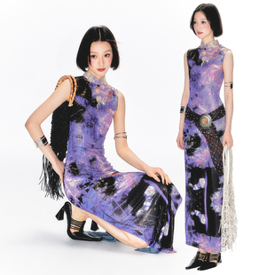 无袖 长裙女夏 显瘦印花旗袍连衣裙女新中式 杨二大梦原创紫韵修身