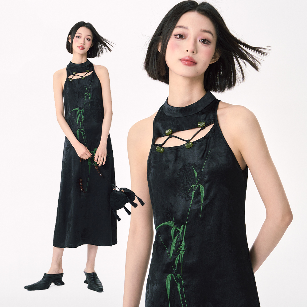 镂空竹叶刺绣新中式镂空连衣裙