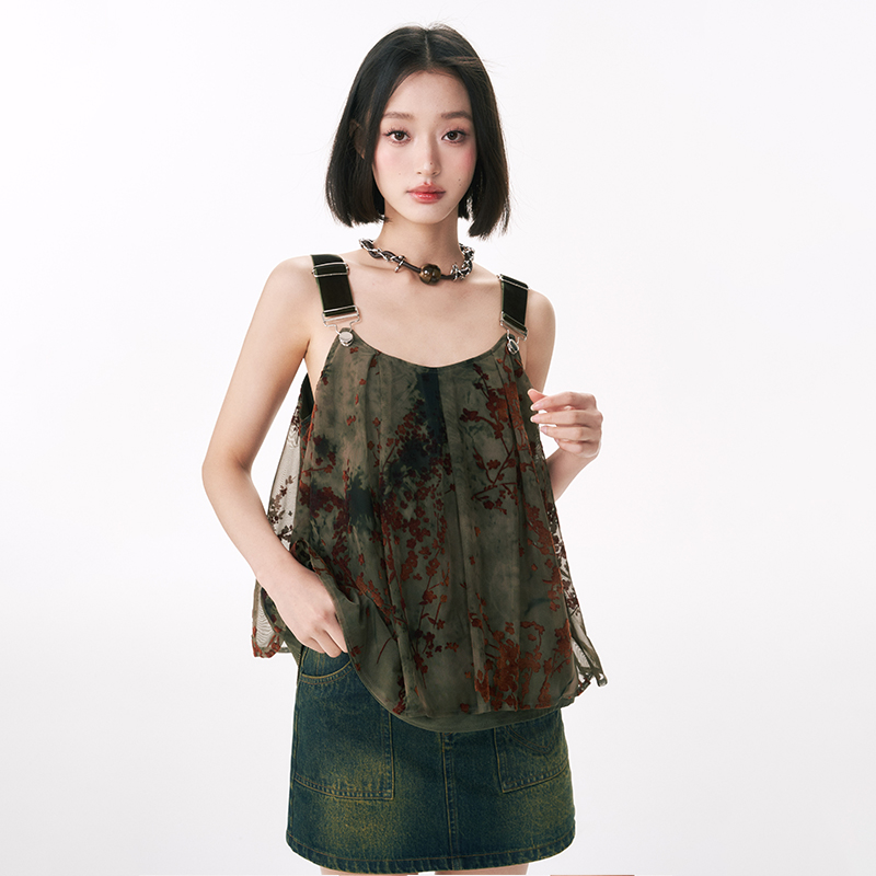 杨二大梦绿色植绒网纱吊带背心