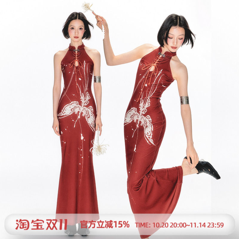 杨二大梦新中式蝴蝶&蛇印花旗袍裙无袖长裙女夏新款国风连衣裙