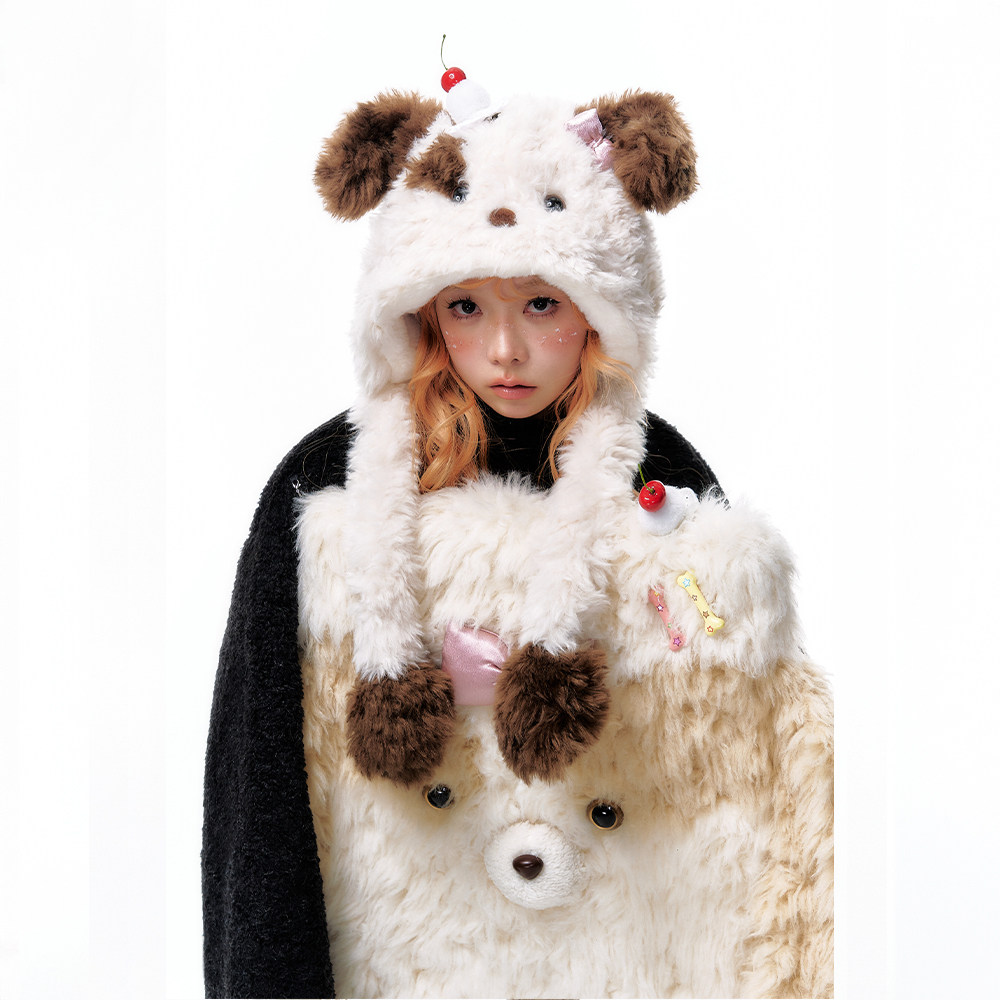 杨二大梦原创冬季新品黑眼圈毛绒可爱小狗帽子加厚保暖护耳毛绒帽