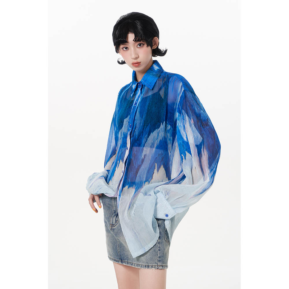 杨二大梦扎染褶皱衬衫