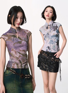 杨二大梦原创印花网纱弹力中式立领上衣短袖t恤打底衫