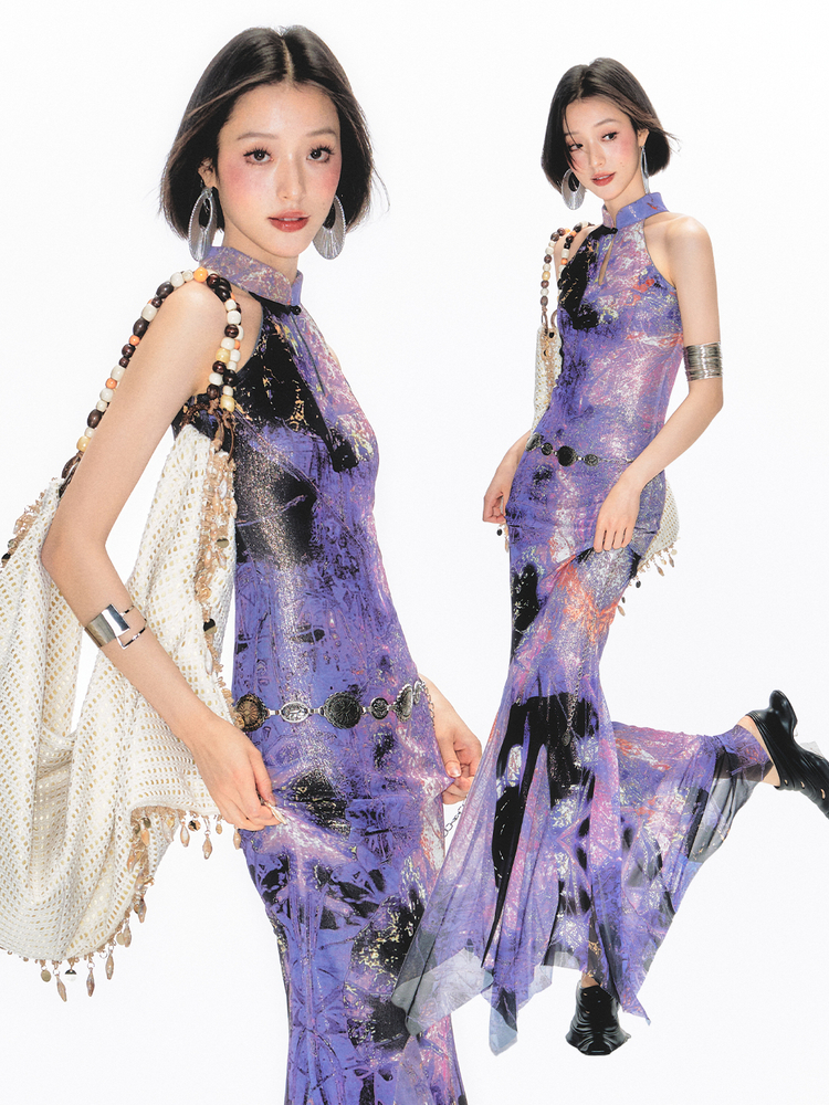 Yang Er Da Meng original National style purple printing halter  Sleeveless cheongsam Dress female New Chinese style stand collar longuette