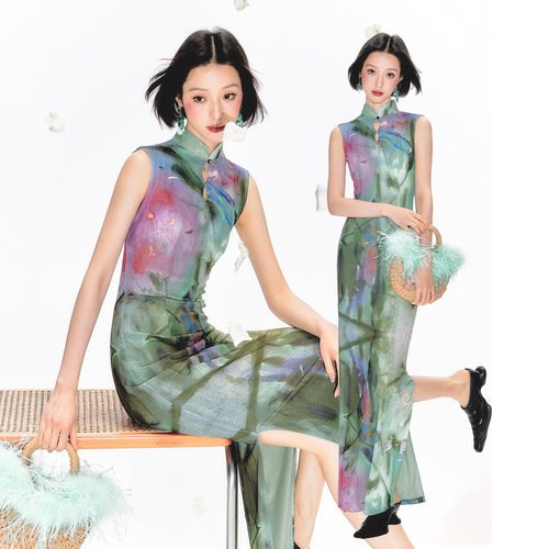 杨二大梦原创新中式镂空彩色旗袍裙改良式旗袍印花连衣裙女夏长款