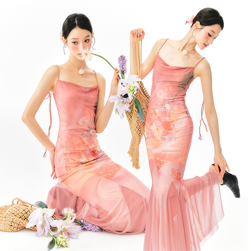 杨二大梦花卉印花吊带鱼尾连衣裙