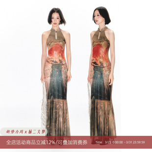 印花连衣裙 新款 杨二大梦x白洲插画师合作款 金鱼旗袍裙女2026夏季