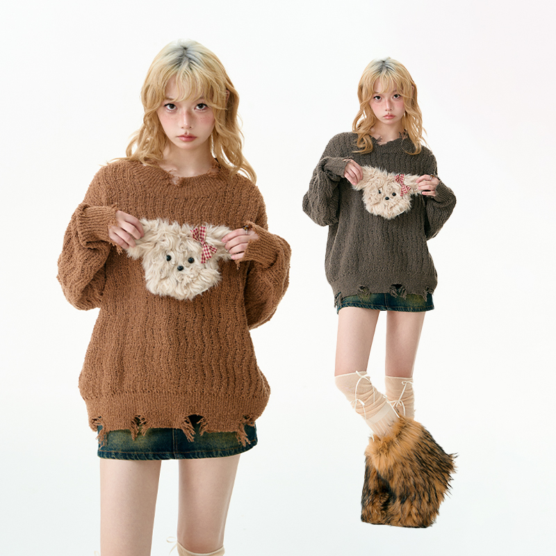 杨二大梦蝴蝶结小狗撕边毛衣