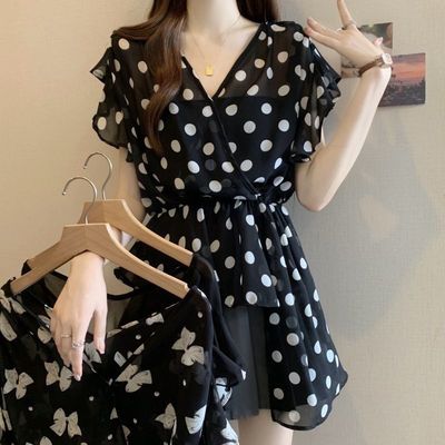 大码女装法式轻奢高级波点T恤衫女夏季胖妹妹收腰遮肚子无袖上衣
