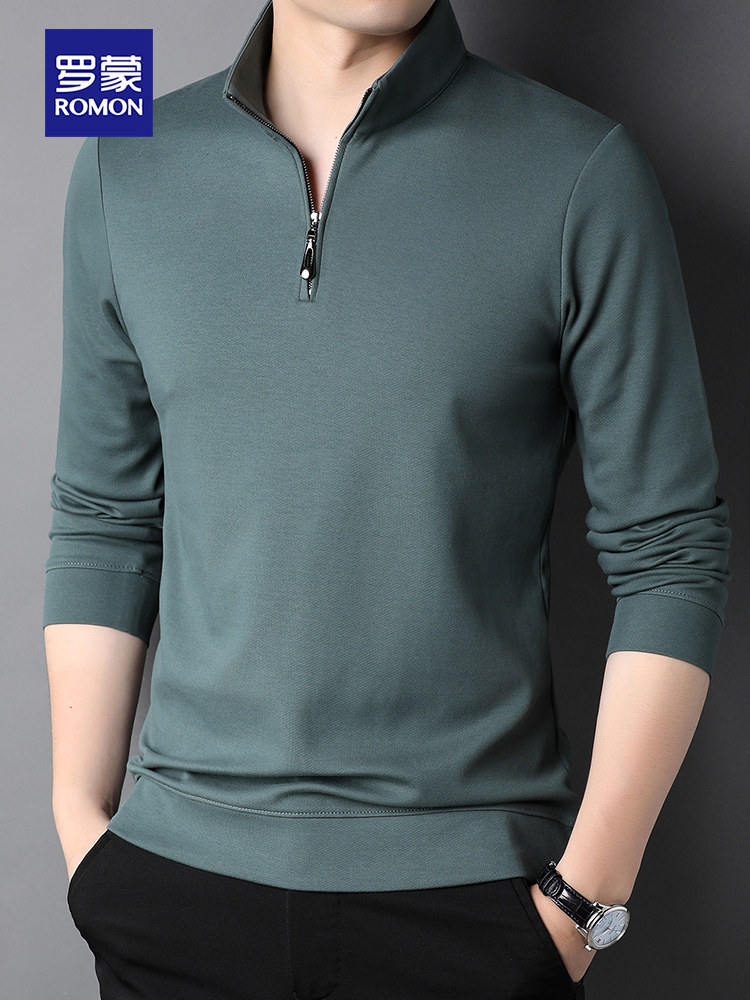 ROMON SPRING AND AUTUMN NEW MENS LONG-SLEEVED POLO SHIRT CASUAL HALF ZIPPER STAND COLLAR T-SHIRT MIDDLE-AGED LOOSE BOTTOMING SHIRT