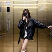 酷飒风黑色短款 皮衣外套女春秋宽松加厚机车翻领气质PU皮夹克上衣