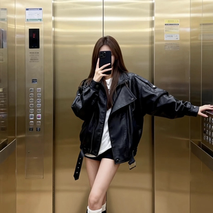 酷飒风黑色短款 皮衣外套女春秋宽松加厚机车翻领气质PU皮夹克上衣