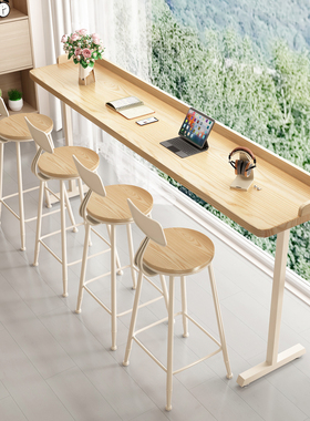 原木色实木吧台带围挡简约现代阳台靠窗长条窄桌奶茶咖啡店高脚桌