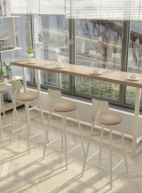 北欧实木吧台桌家用 阳台靠窗长条窄桌子 奶茶咖啡店高脚桌椅组合