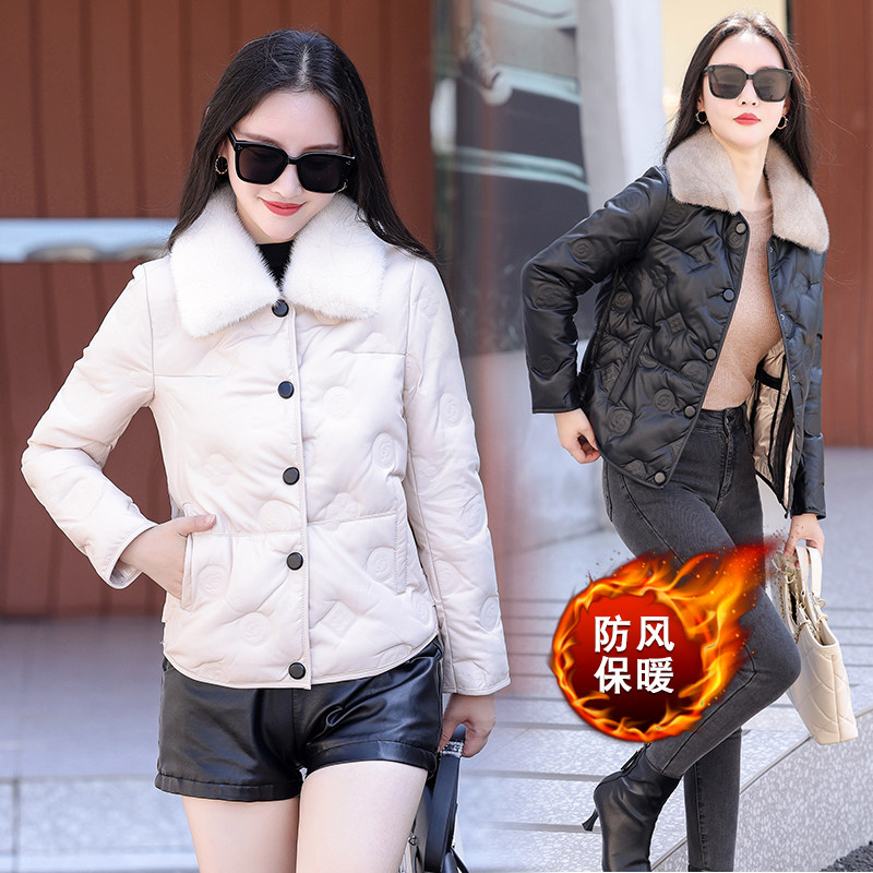 海宁水貂毛领绵羊真皮短款羽绒服女士秋冬新款韩版大码修身厚外套