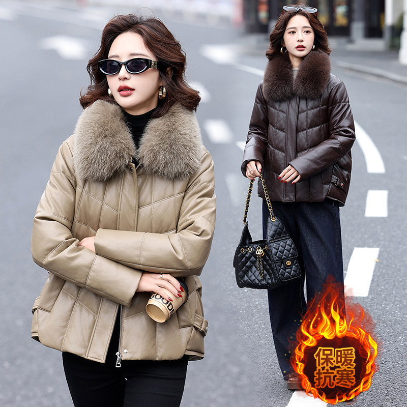 海宁狐狸毛领真皮短款羽绒服女士秋冬新款韩版大码修身加绒小外套