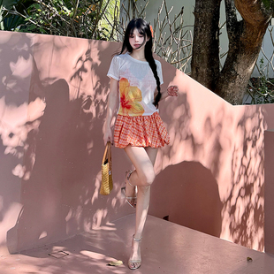 多巴胺泳衣女橙色格纹比基尼短袖分体式遮肚显瘦度假风温泉四件套