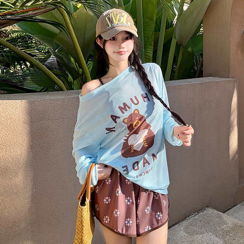 泳衣女分体卡通印花长袖罩衫遮肚显瘦比基尼四件套学生保守泡温泉