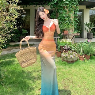 度假风泳衣女分体比基尼绝美海岛度假氛围感渐变色落日扎染长裙