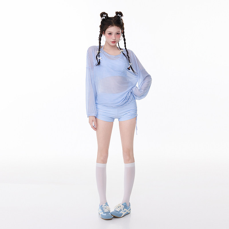 分体蓝色条纹罩衫泳衣女三件套长袖防晒保守遮肉显瘦沙滩温泉度假