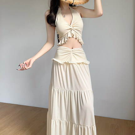 法式泳衣女高级性感扭结挂脖绑带分体长裙比基尼三件套显瘦度假风