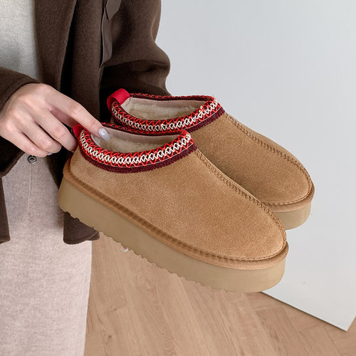 冬季新款厚底半拖民族风真皮雪地靴女皮毛一体外穿加绒加厚棉拖鞋