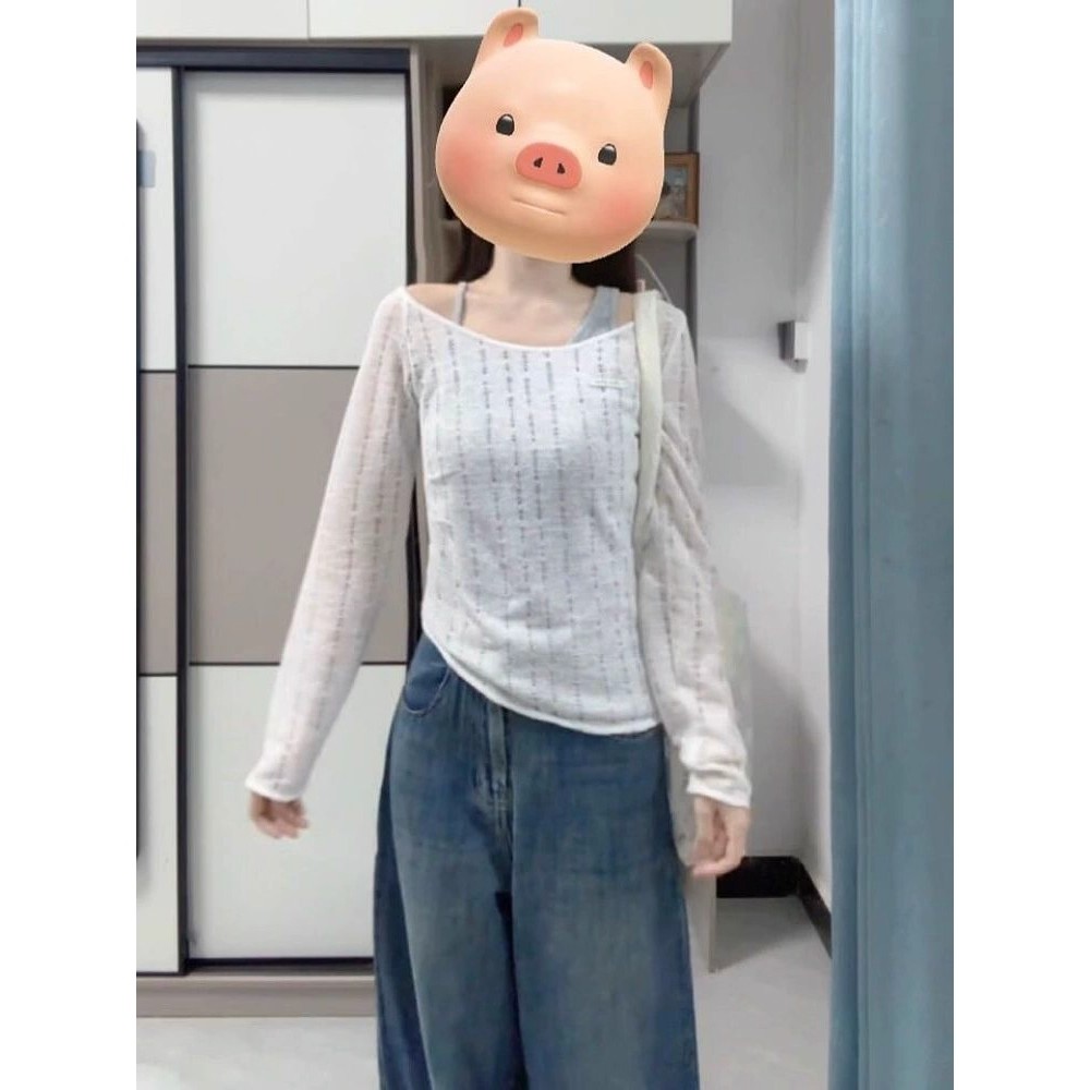 2025小众纯色假两件镂空长袖衫女秋复古拼接露肩吊带上衣防晒罩衫