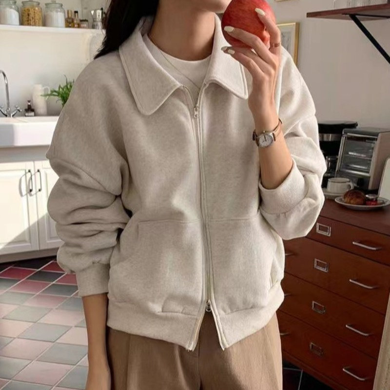 2025chic春秋法式宽松拉链减龄上衣翻领卫衣女开衫短款外套ins潮