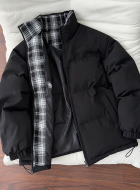 棉衣外套男黑色格子拼短棉服男冬季cleant保暖面包服立领棉衣外套