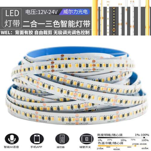 12v24v灯带led灯条2835自粘双色温三色变光cct智能调光调色二合一