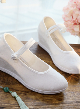 古风汉服鞋老北京布鞋女增高素面民族风白色红色舞蹈鞋茶艺师鞋