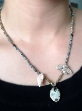 H011 61号 原创设计 小众部落风格古罗马玻璃碎片贝壳项链