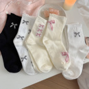 会起球的袜子 韩国东大门同款女士中筒袜 蝴蝶结芭蕾风泡泡花边袜