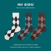 韩版 黑白菱形格复古女士中筒袜ins潮秋冬季 网红潮袜 袜子 会起球