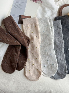 会起球的袜子 复古小碎花女士中筒袜韩版ins潮美拉德春秋无骨棉袜