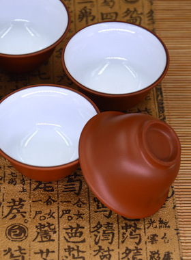 潮汕功夫小茶杯朱泥紫砂杯手拉杯子内白反口杯可养不开裂小号防烫