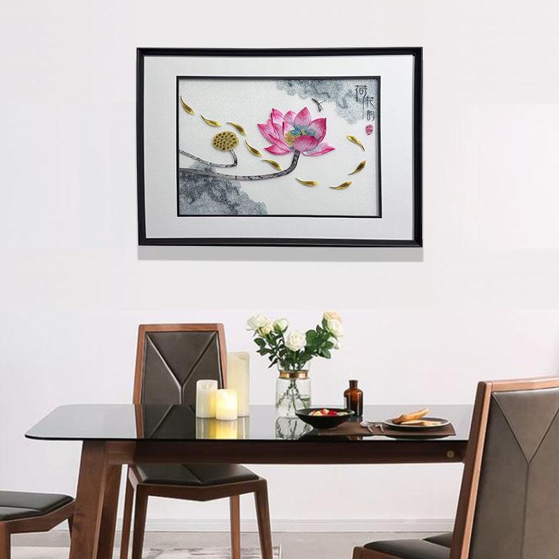 新中式餐厅挂画荷花韵刺绣装饰画苏绣中国风禅意玄关背景墙壁画图片