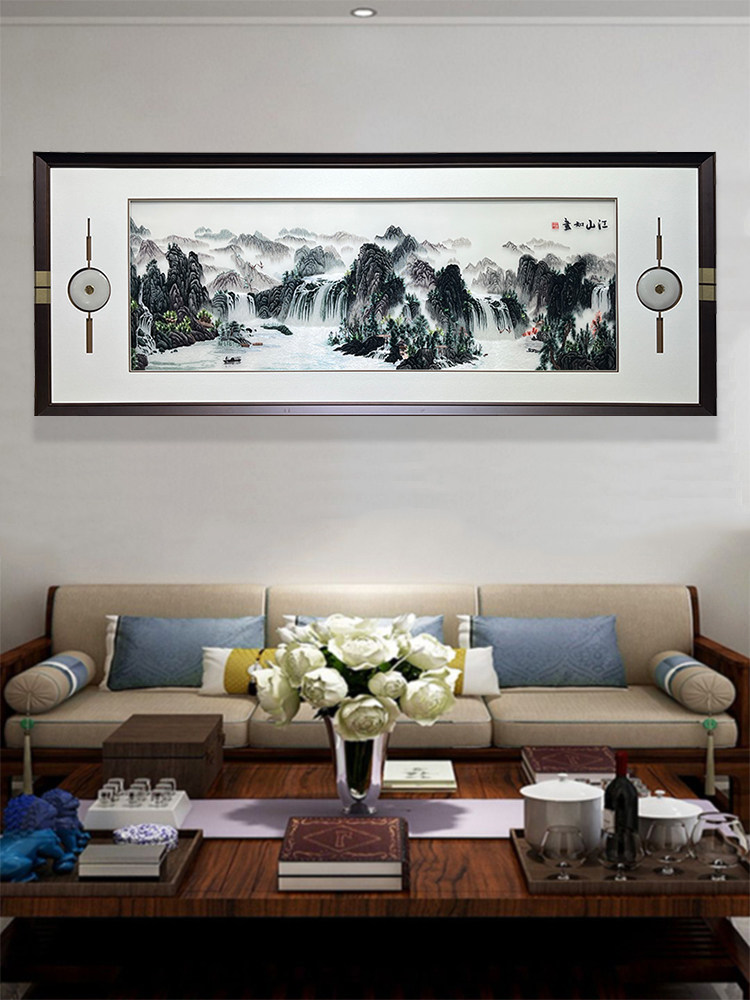 刺绣画苏绣成品办公室挂画山水风景富贵牡丹新中式实木客厅装饰画