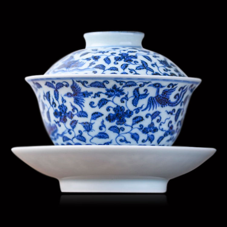 春风祥玉盖碗 邹俊窑老春手绘青花百鸟朝凤三才盖碗 景德镇茶器